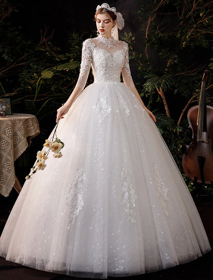 Wholesale Wedding Dresses Floor Length Ball Gown Half Sleeve High Neck Lace With Appliques Bridal Gowns