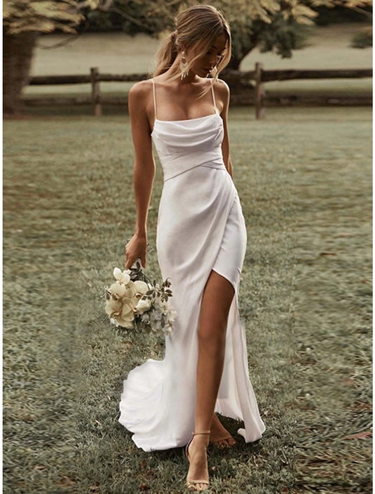 Wholesale Beach Sexy Casual Wedding Dresses Sheath / Column Square Camisole Spaghetti Strap Sweep / Brush Train Stretch Fabric Outdoor Bridal Gowns With Ruched Split Front Summer Party