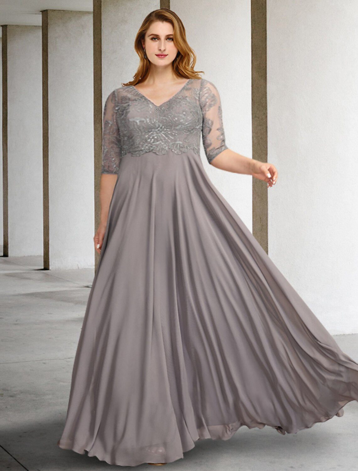 wholesale A-Line Mother of the Bride Dresses Plus Size Hide Belly Curve Elegant Dress Formal Floor Length Half Sleeve V Neck Chiffon with Pleats Sequin Appliques