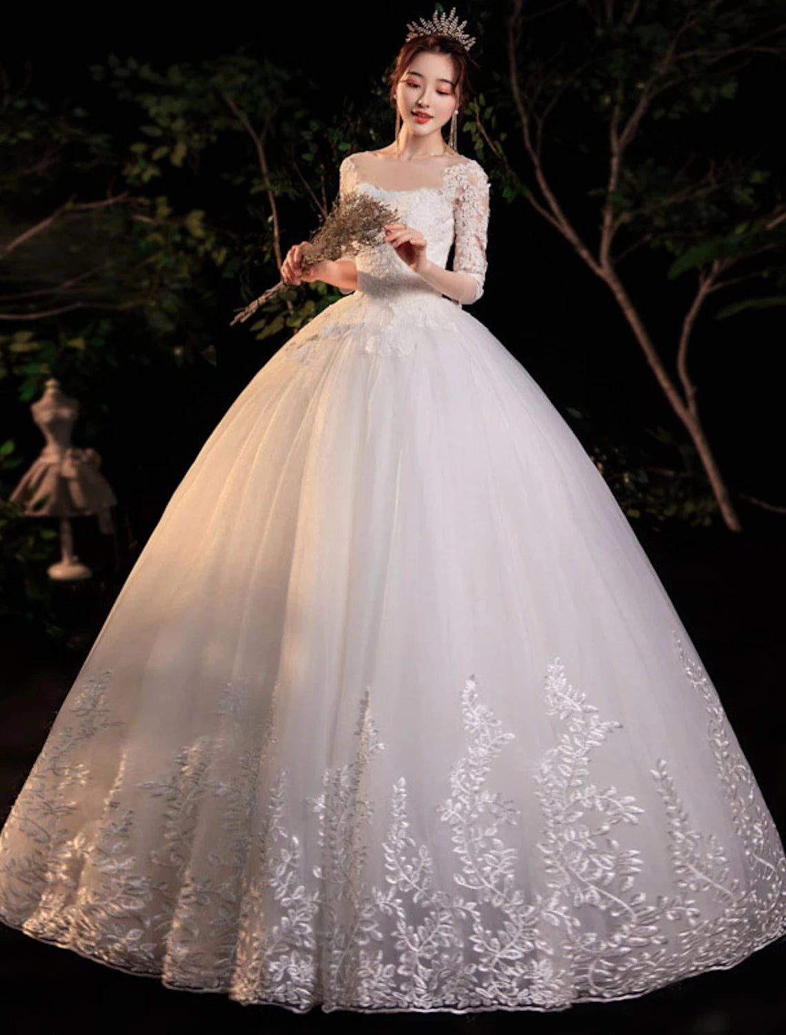 Wholesale Reception Formal Wedding Dresses Ball Gown Illusion Neck Half Sleeve Floor Length Lace Bridal Gowns With Appliques Summer Wedding Party