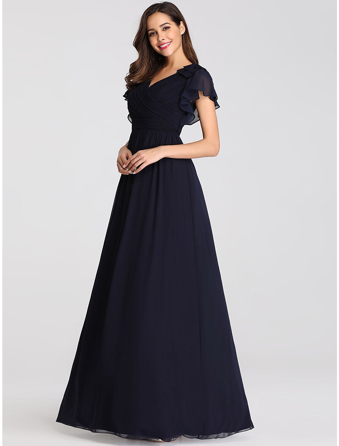 wholesale  A-Line Mother of the Bride Dress Plus Size V Neck Floor Length Chiffon Short Sleeve with Ruffles Ruching