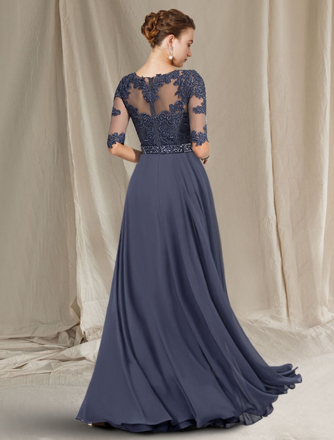 wholesale A-Line Mother of the Bride Dress Luxurious Elegant Jewel Neck Floor Length Chiffon Lace Tulle Half Sleeve with Crystals Appliques