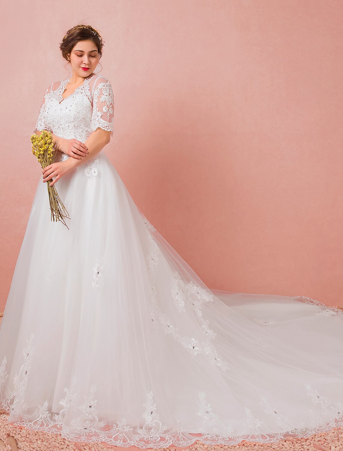 Wholesale Hall Wedding Dresses A-Line V Neck Half Sleeve Cathedral Train Satin Bridal Gowns With Lace Crystals Summer Wedding Party