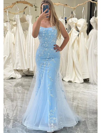 Wholesa Mermaid / Trumpet Prom Dresses Elegant Dress Formal Floor Length Sleeveless Spaghetti Strap Tulle with Sequin Appliques