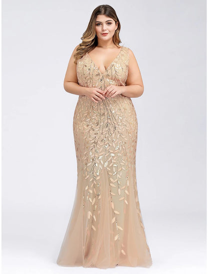 Wholesa  Mermaid / Trumpet Plus Size Sexy Prom Formal Evening Dress V Neck Sleeveless Floor Length Tulle with Appliques