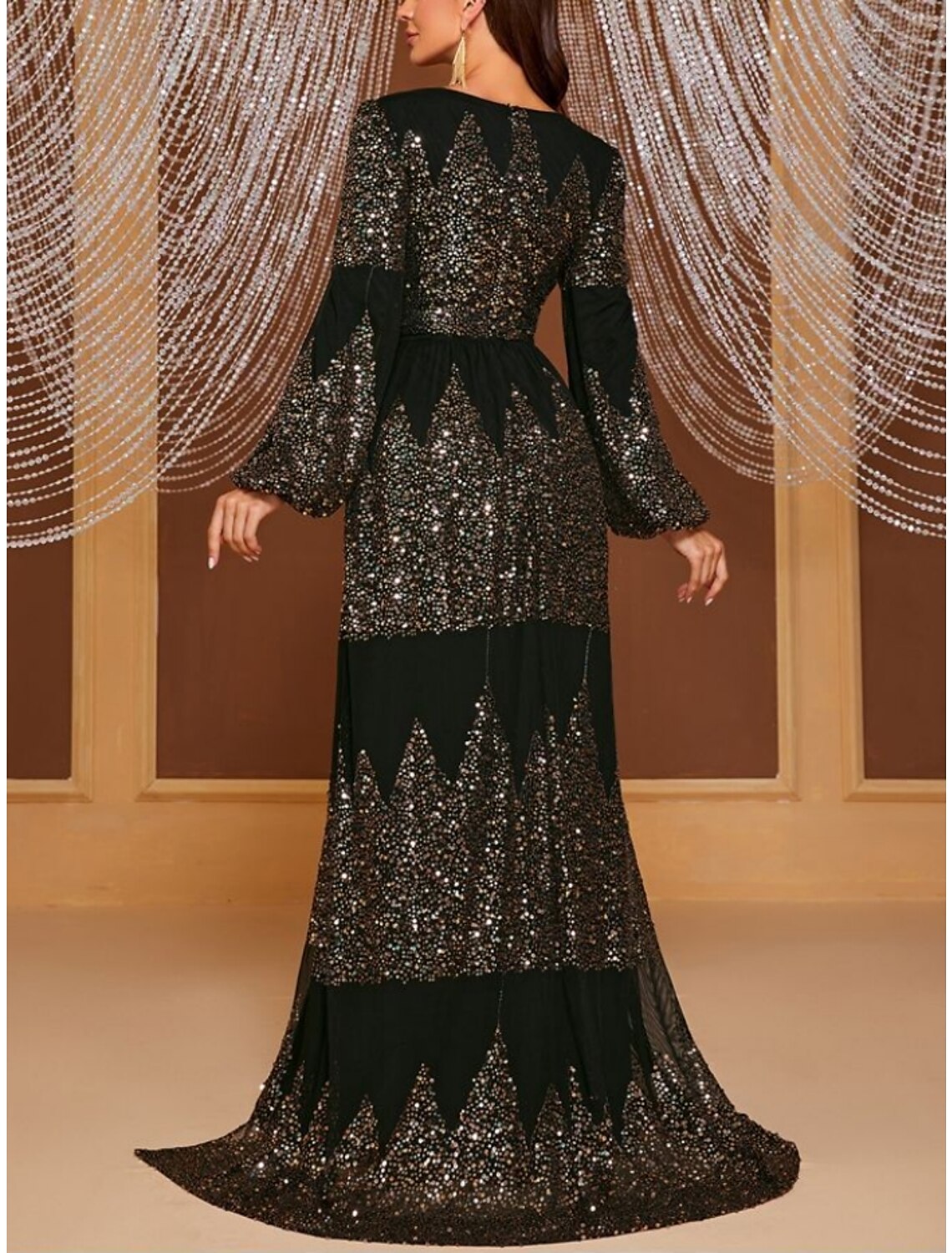 Wholesa  Sheath Evening Gown Elegant Black Dress Formal Sweep / Brush Train Long Sleeve V Neck Polyester with Pleats Sequin Slit