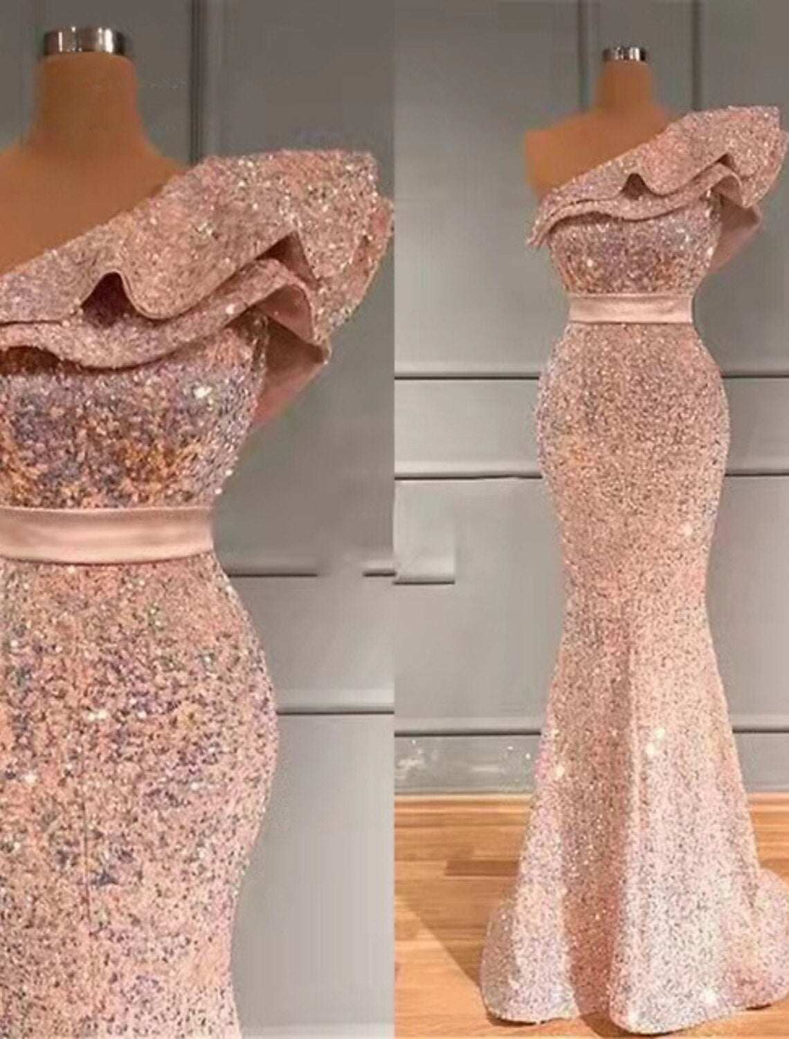 Wholesa  Mermaid / Trumpet Evening Gown Sparkle & Shine Dress Wedding Guest Engagement Sweep / Brush Train Sleeveless One Shoulder Sequined with Sequin Ruffles