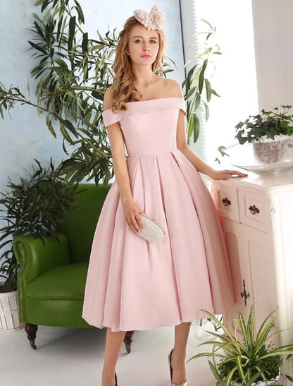 wholesale  A-Line Cocktail Dresses Vintage Dress Engagement Tea Length Sleeveless Off Shoulder Stretch Fabric with Pleats