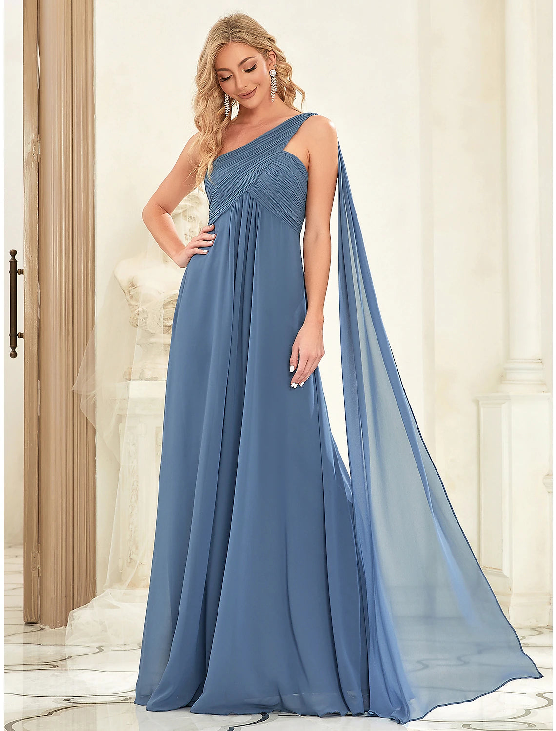 Wholesale A-Line Evening Gown Empire Dress Formal Evening Floor Length Sleeveless One Shoulder Bridesmaid Dress Chiffon Backless with Pleats Draping