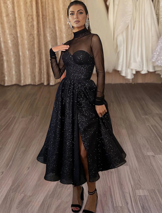 Wholesale A-Line Cocktail Dresses Elegant Dress Party Wear Tea Length Long Sleeve High Neck Wednesday Addams Family Tulle with Glitter Slit