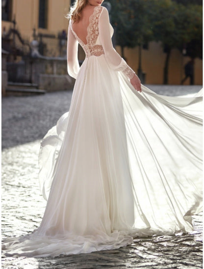 Wholesa Open Back Wedding Dresses A-Line V Neck Long Sleeve Court Train Satin Bridal Gowns With Pleats