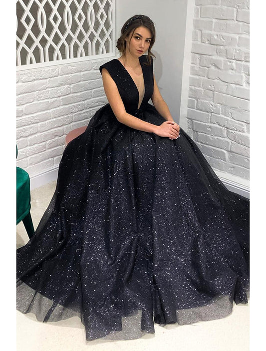 Wholesale Ball Gown A-Line Prom Dresses Sparkle & Shine Dress Formal Sweep / Brush Train Sleeveless V Neck Wednesday Addams Family Tulle Backless with Pleats