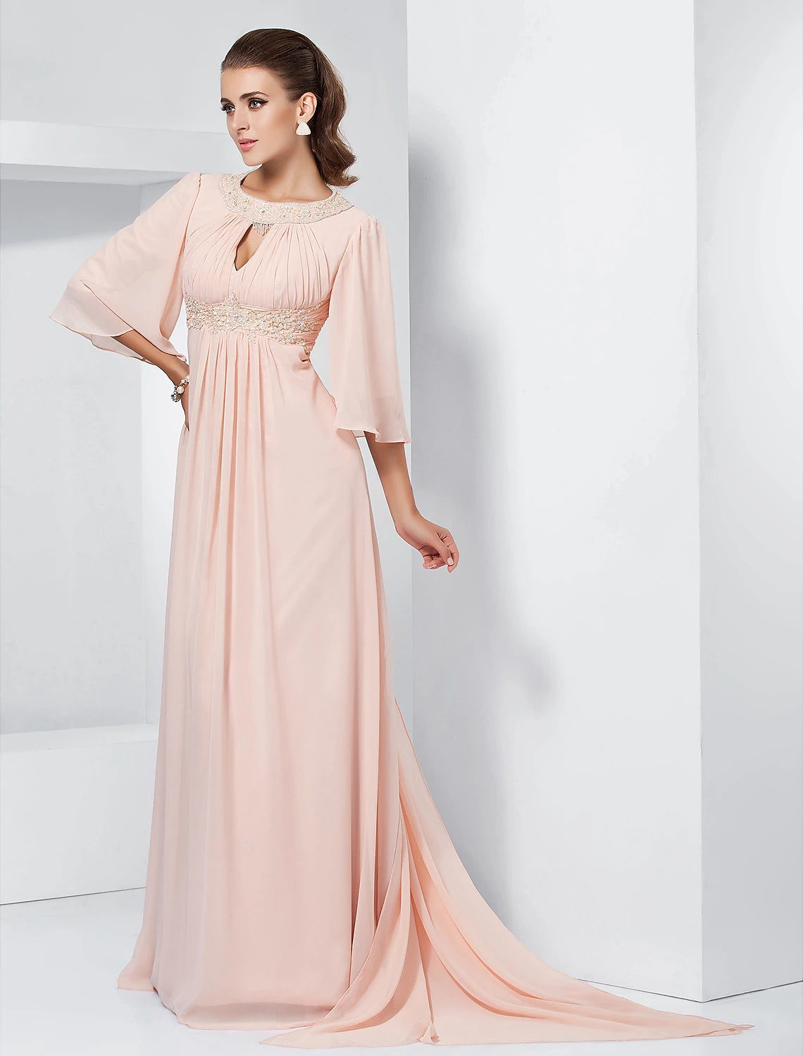 Wholesa A-Line Special Occasion Dresses Elegant Dress Wedding Guest Formal Evening Sweep / Brush Train Half Sleeve Jewel Neck Chiffon with Beading Draping