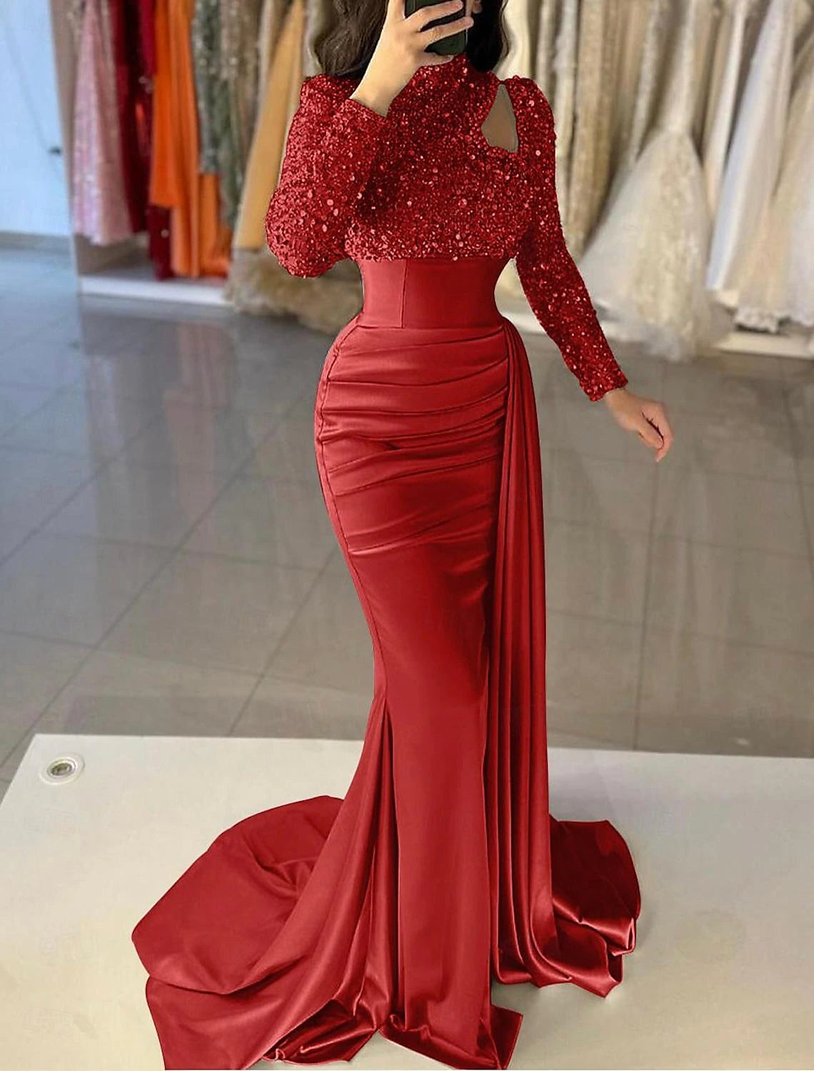 Wholesa Mermaid / Trumpet Evening Gown Elegant Dress Formal Sweep / Brush Train Long Sleeve High Neck Satin with Pearls Sequin