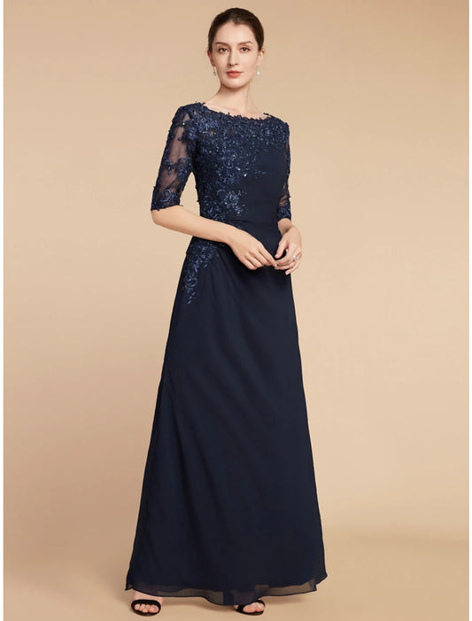 Wholesa  Sheath / Column Mother of the Bride Dress Wedding Guest Elegant Scoop Neck Ankle Length Chiffon Lace Half Sleeve with Sequin Ruching Solid Color