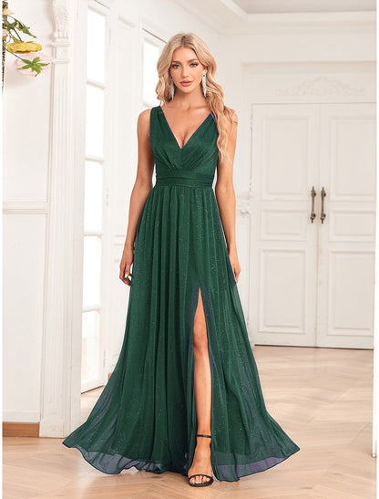 Wholesa A-Line Evening Gown Elegant Dress Wedding Guest Party Wear Floor Length Sleeveless V Neck Spandex V Back with Glitter Slit