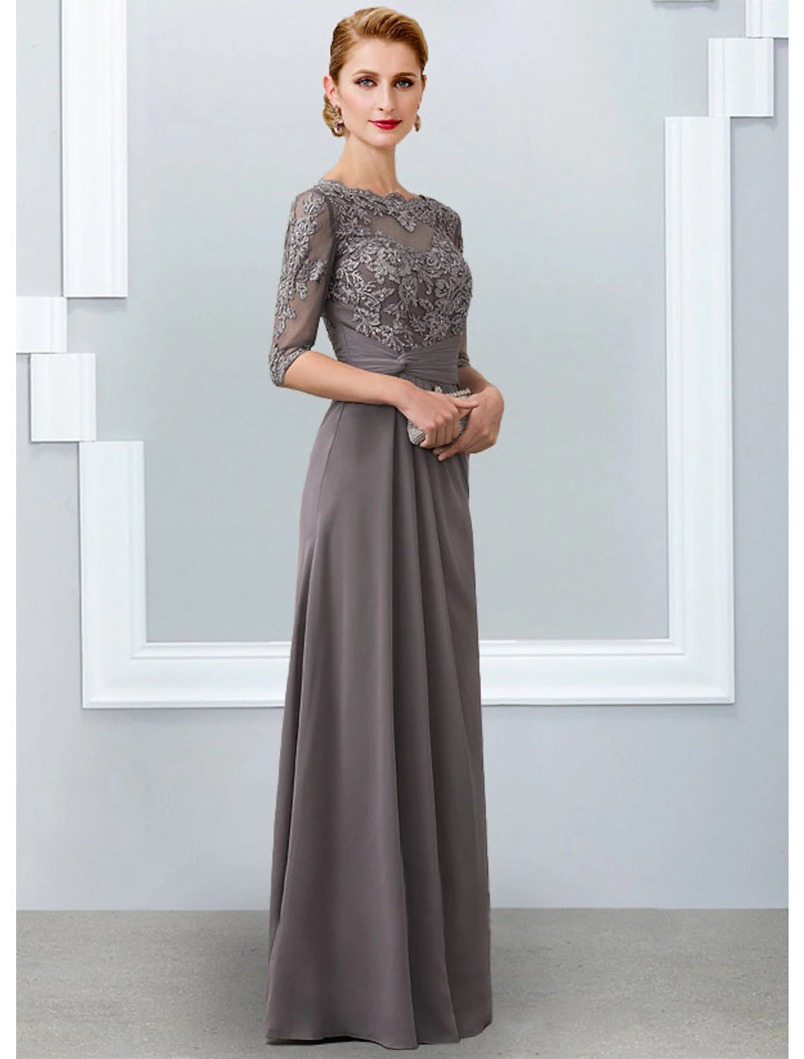 Wholesa  Sheath / Column Mother of the Bride Dress Elegant Jewel Neck Floor Length Chiffon Lace 3/4 Length Sleeve with Appliques