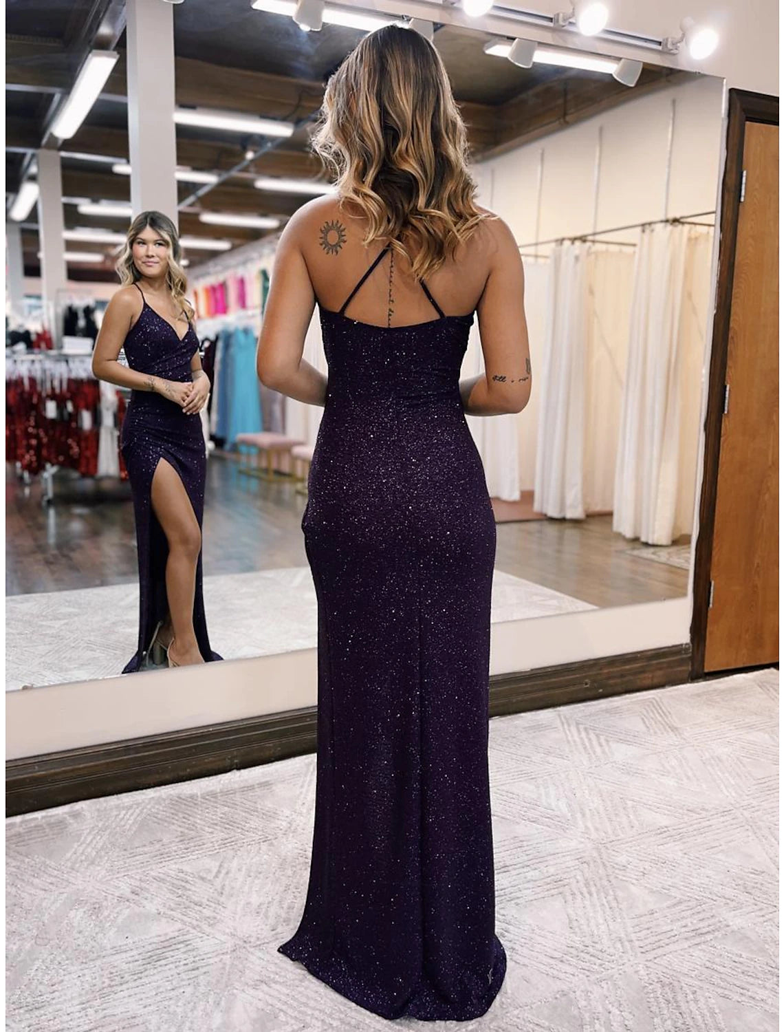 Wholesale Mermaid / Trumpet Prom Dresses Glittering Dress Formal Floor Length Sleeveless V Neck Satin Backless with Glitter