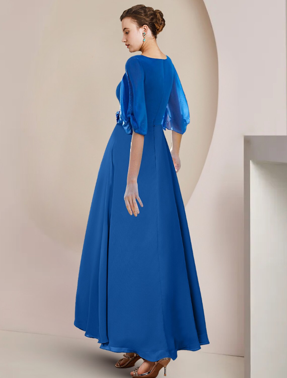 Wholesale A-Line Mother of the Bride Dress Wedding Guest Party Elegant V Neck Asymmetrical Chiffon Half Sleeve with Crystal Brooch Ruching