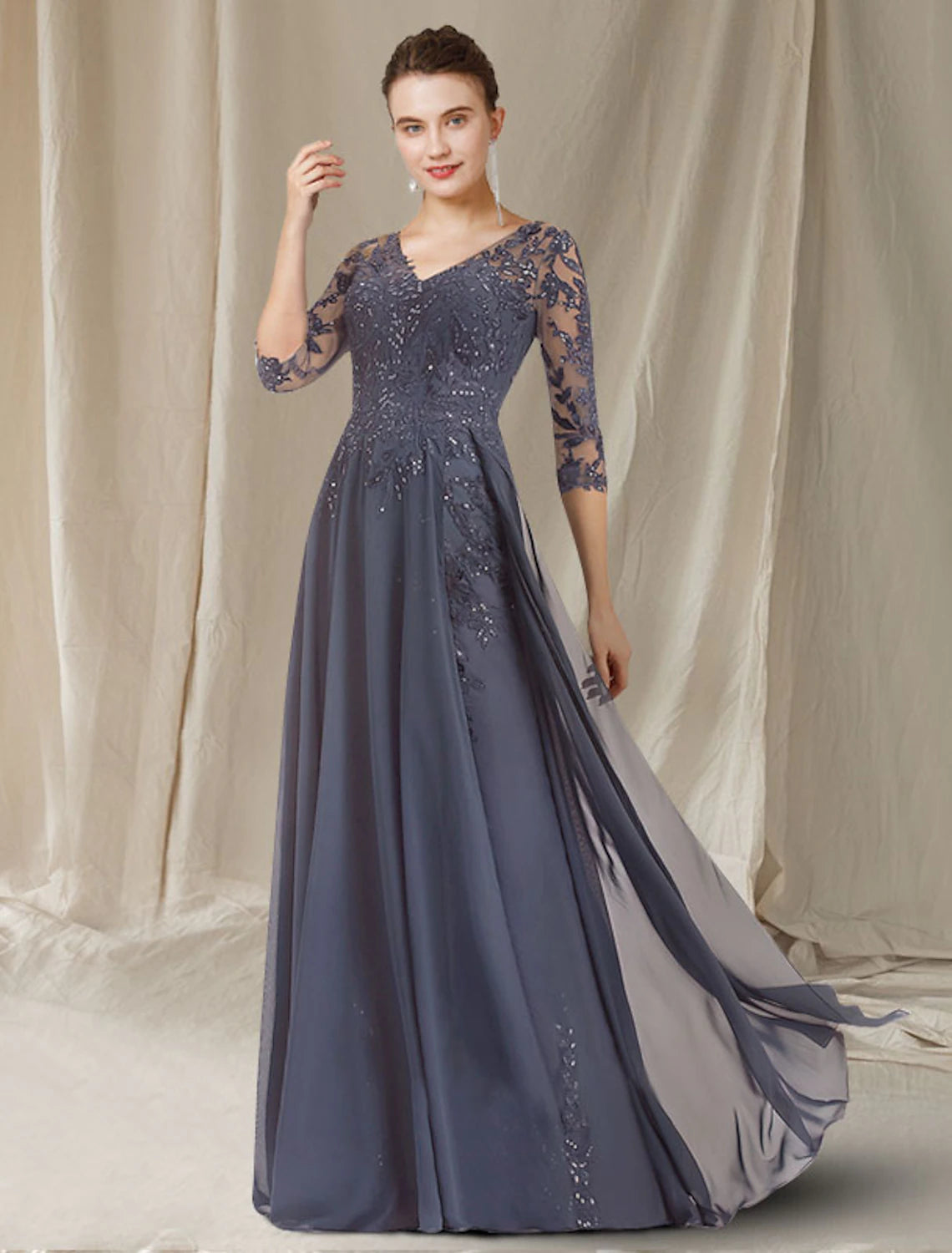 wholesale A-Line Mother of the Bride Dress Elegant V Neck Floor Length Chiffon Lace Sequined Half Sleeve with Sequin Appliques