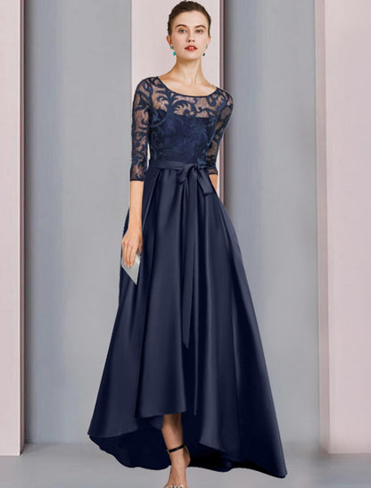 Wholesa A-Line Mother of the Bride Dress Wedding Guest Elegant High Low Scoop Neck Asymmetrical Floor Length Satin Lace Half Sleeve with Bow(s) Pleats Appliques