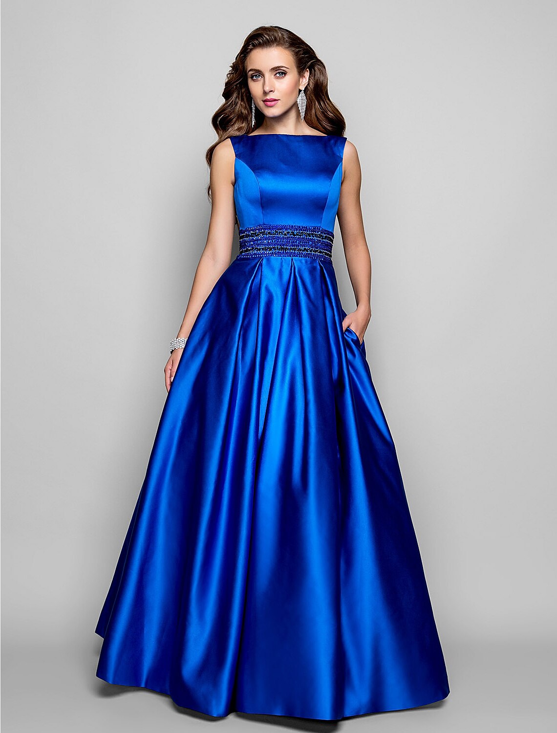 Wholesale A-Line Elegant Dress Wedding Guest Floor Length Sleeveless Boat Neck Pocket Satin with Pleats Beading