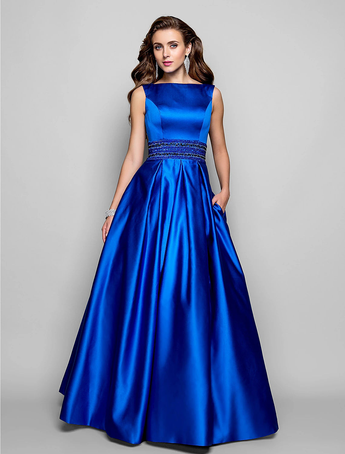 Wholesa A-Line Elegant Dress Wedding Guest Prom Floor Length Sleeveless Boat Neck Pocket Satin with Pleats Beading