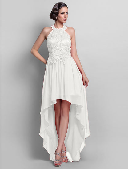 Wholesa Sheath / Column Open Back Dress Wedding Guest Cocktail Party Asymmetrical Sleeveless Halter Neck Chiffon Backless with Appliques