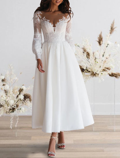 Wholesa Reception Simple Wedding Dresses Wedding Dresses A-Line Sweetheart Camisole Spaghetti Strap Tea Length Satin Bridal Gowns With Solid Color