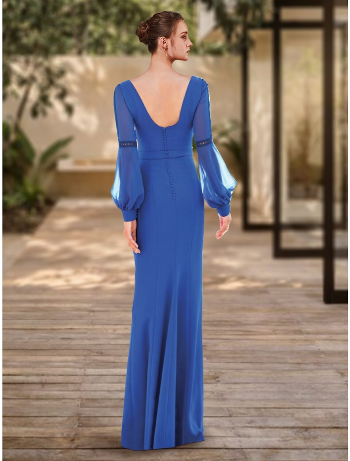 Wholesa Sheath / Column Evening Gown Elegant Dress Formal Floor Length Long Sleeve V Neck Stretch Chiffon with Pleats