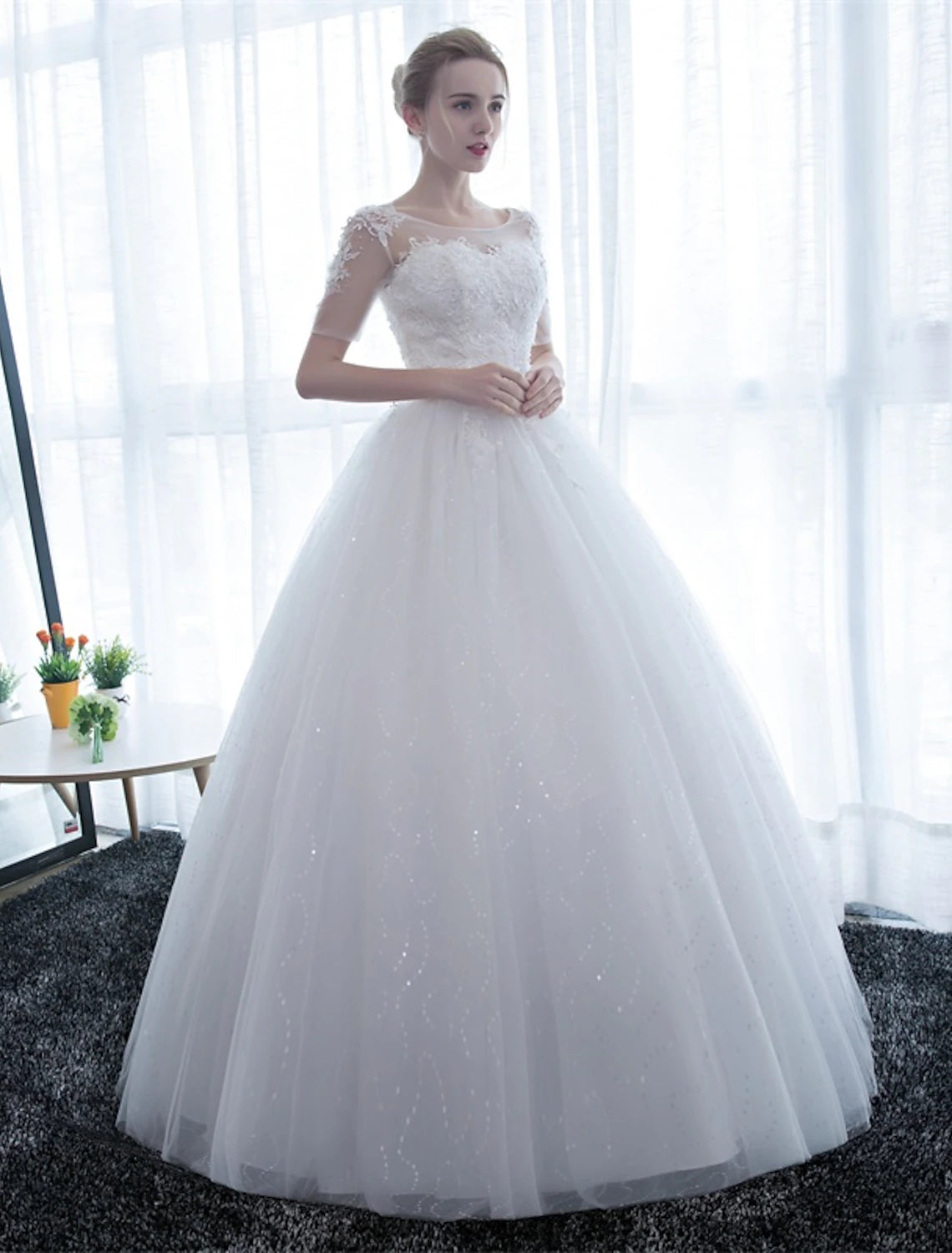 Wholesale Reception Formal Wedding Dresses Ball Gown Illusion Neck Half Sleeve Floor Length Satin Bridal Gowns With Lace 2023 Summer Wedding Party