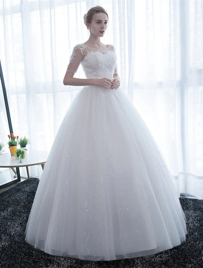 Wholesale Reception Formal Wedding Dresses Ball Gown Illusion Neck Half Sleeve Floor Length Satin Bridal Gowns With Lace 2023 Summer Wedding Party