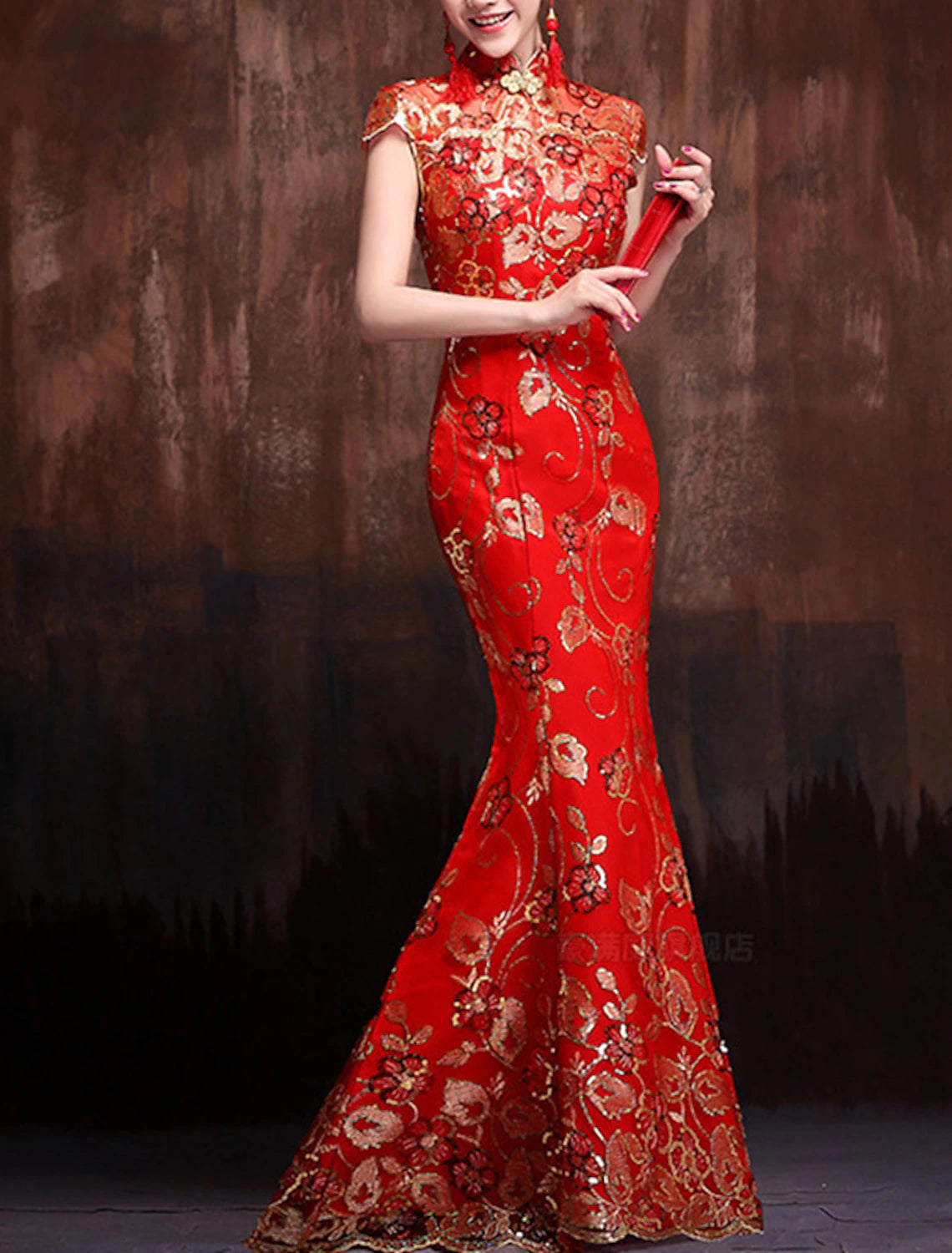 Aimishang Mermaid / Trumpet Evening Gown Vintage Dress Wedding Guest Formal Evening Floor Length Short Sleeve High Neck Satin with Sequin Embroidery