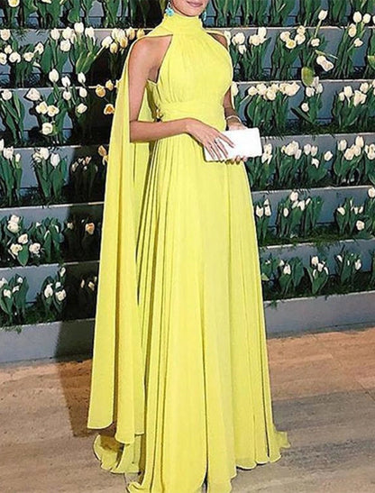 Wholesa A-Line Evening Gown Elegant Dress Formal Wedding Guest Floor Length Sleeveless High Neck Capes Chiffon with Ruched