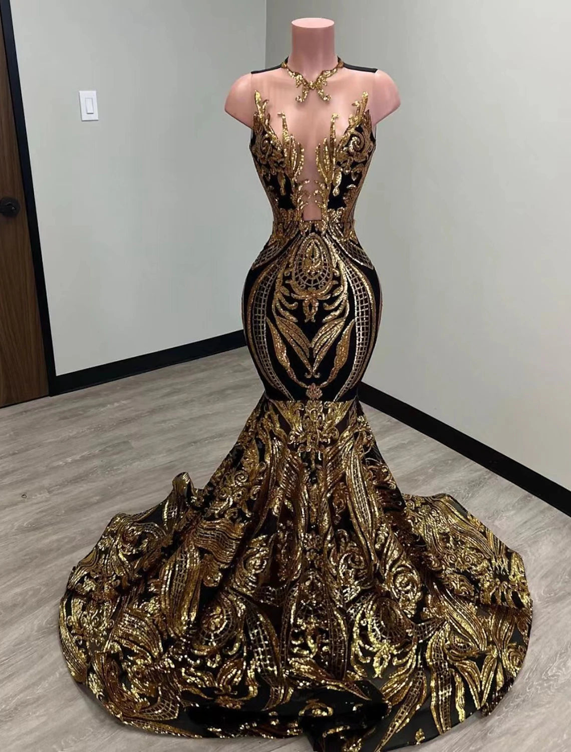 Wholesa Mermaid Black Dress Evening Gown Elegant Dress Carnival Formal Court Train Sleeveless Illusion Neck African American Sequined with Sequin