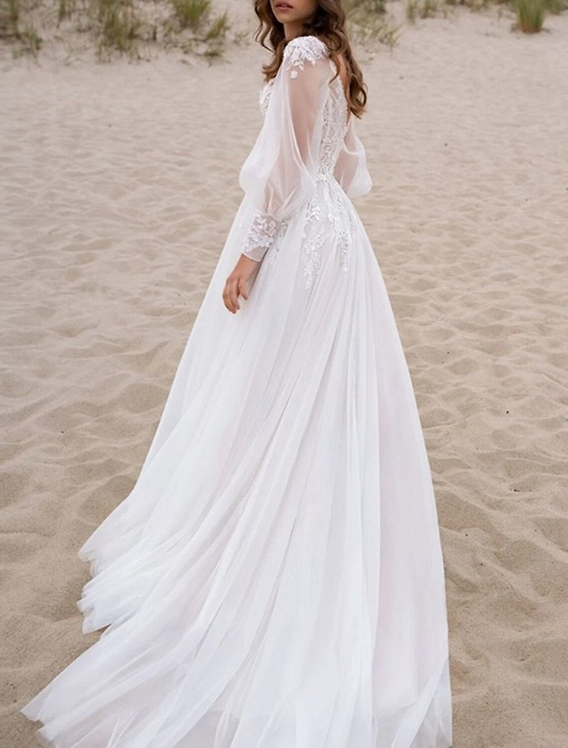 Wholesa Beach Boho Wedding Dresses A-Line V Neck Long Sleeve Court Train Lace Bridal Gowns With Appliques Split Front