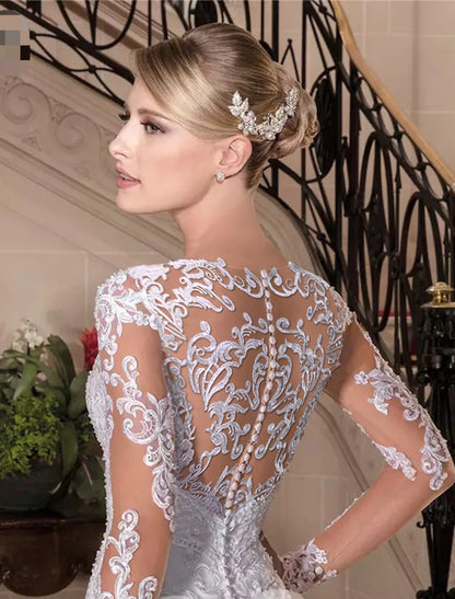 Wholesale Engagement Formal Fall Wedding Dresses Mermaid / Trumpet Sweetheart Long Sleeve Court Train Lace Bridal Gowns With Beading Summer Wedding Party