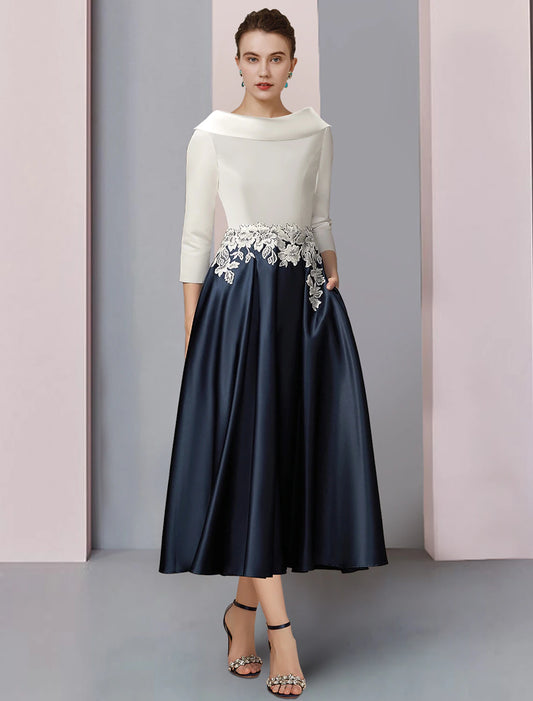 Wholesa A-Line Mother of the Bride Dress Formal Wedding Guest Elegant Vintage Bateau Neck Tea Length Satin Lace Half Sleeve with Pleats Appliques Color Block