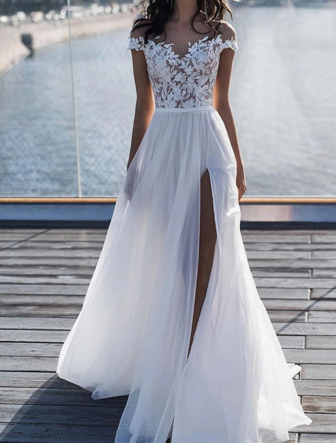 Wholesa Beach Sexy Wedding Dresses A-Line Off Shoulder Sleeveless Sweep / Brush Train Chiffon Bridal Gowns With Split Front