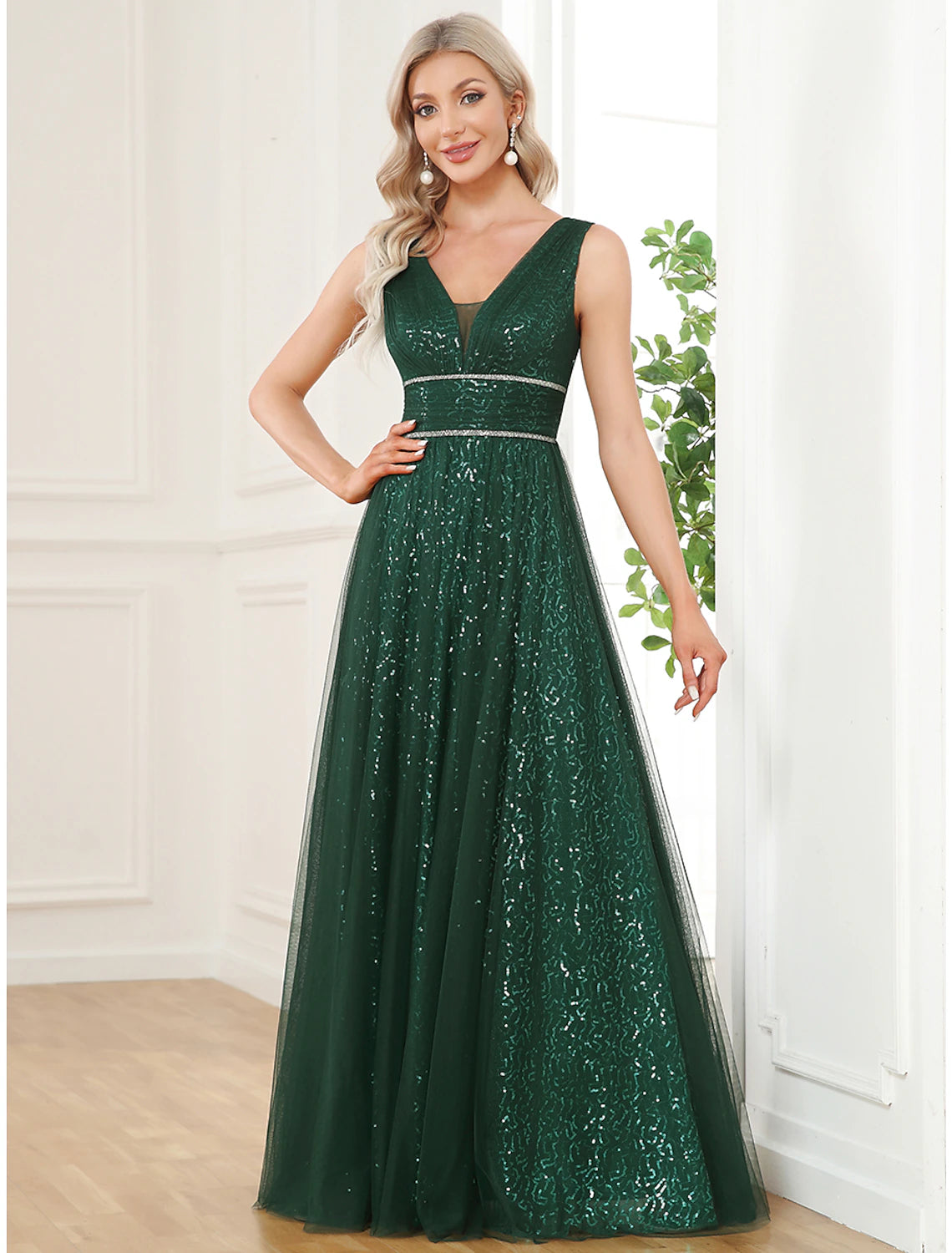 Wholesale A-Line Prom Dresses Elegant Dress Party Wear Floor Length Sleeveless V Neck Sequined V Back with Sequin