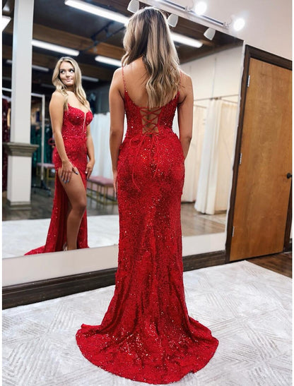 Wholesa Mermaid / Trumpet Prom Dresses Sparkle & Shine Dress Formal Wedding Party Sweep / Brush Train Sleeveless Spaghetti Strap Sequined Backless with Beading Sequin Slit