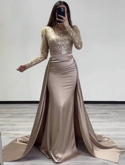 Wholesa Mermaid Sequin Evening Gown Ruched Satin Dress Long Sleeves Floor Length Sparkle Illusion Neck Fall Wedding Guest Dress with Pearls Overskirt