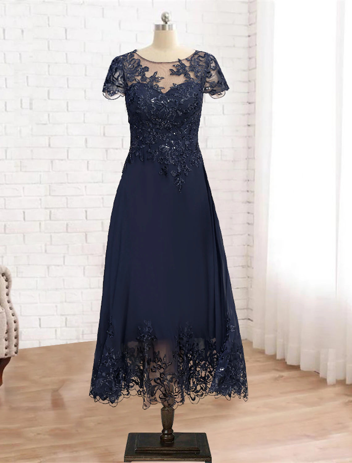 wholesale A-Line Mother of the Bride Dress Formal Wedding Guest Vintage Elegant Scoop Neck Tea Length Lace 3/4 Length Sleeve with Sequin Appliques Fall