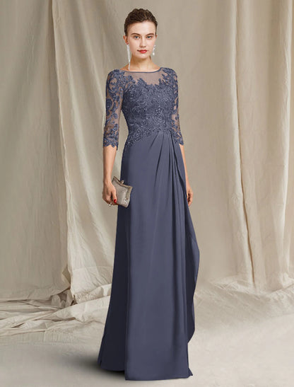 wholesale  Sheath / Column Mother of the Bride Dress Plus Size Elegant Jewel Neck Floor Length Chiffon Lace 3/4 Length Sleeve with Pleats Ruffles Appliques