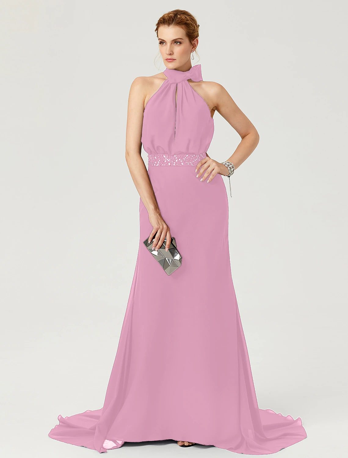 Wholesa Sheath / Column Elegant Holiday Cocktail Party Formal Evening Dress High Neck Sleeveless Court Train Chiffon with Sash / Ribbon Bow(s) Pleats