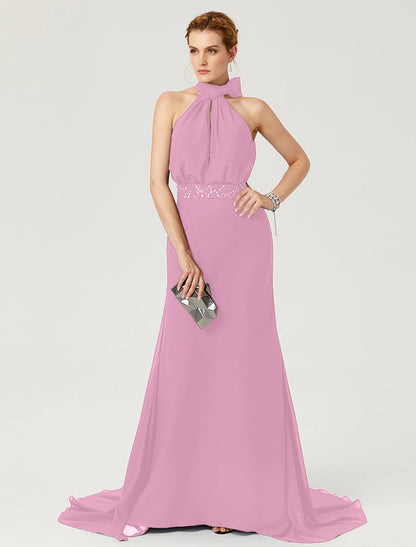 Wholesa Sheath / Column Elegant Holiday Cocktail Party Formal Evening Dress High Neck Sleeveless Court Train Chiffon with Sash / Ribbon Bow(s) Pleats