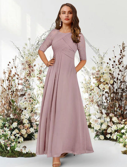 Wholesa A-Line Evening Gown Elegant Dress Wedding Guest Formal Evening Floor Length Half Sleeve Jewel Neck Chiffon with Pleats Ruched