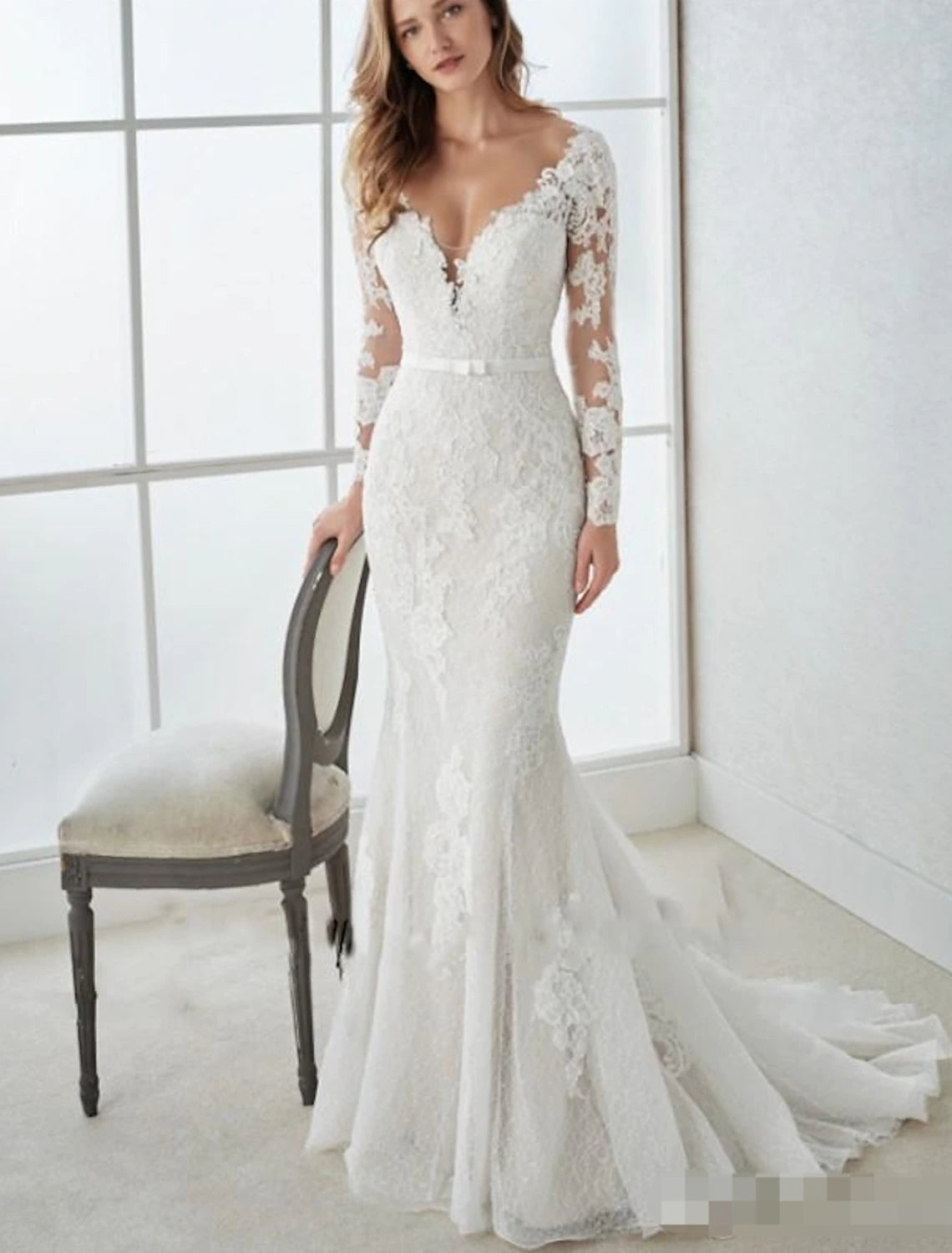 Wholesale Engagement Formal Fall Wedding Dresses Mermaid / Trumpet V Neck Long Sleeve Sweep / Brush Train Lace Open Back Bridal Gowns With Summer Wedding Party