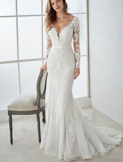 Wholesale Engagement Formal Fall Wedding Dresses Mermaid / Trumpet V Neck Long Sleeve Sweep / Brush Train Lace Open Back Bridal Gowns With Summer Wedding Party