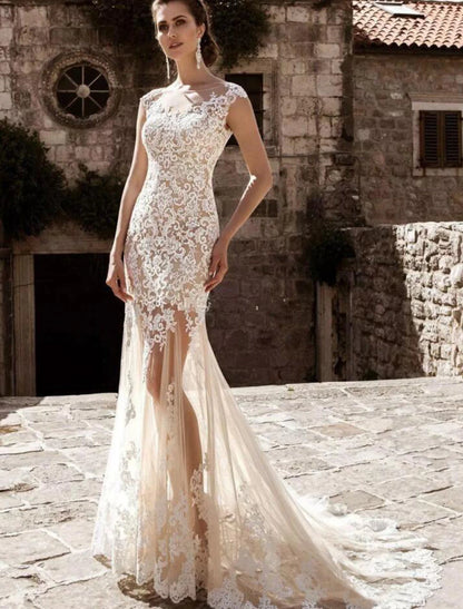 Wholesale Engagement Formal Wedding Dresses Mermaid / Trumpet Illusion Neck Cap Sleeve Court Train Lace Bridal Gowns With Appliques 2023 Summer Wedding Party